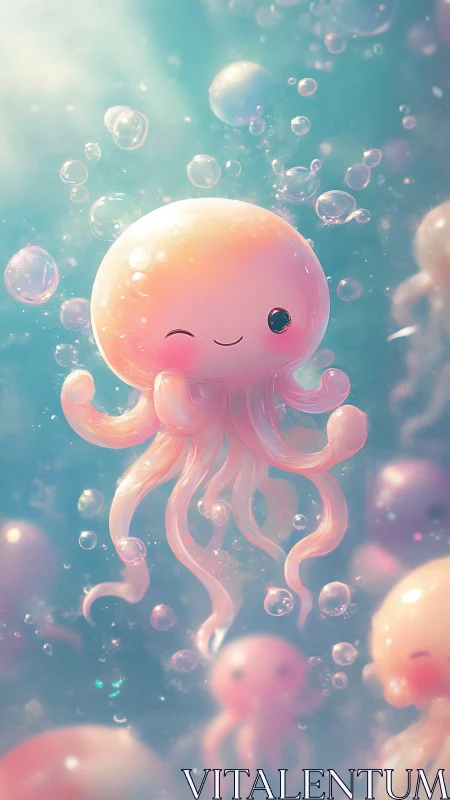 Whimsical kawaii jellyfish floats amid sparkling bubbles