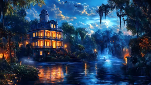 Luminous riverfront mansion glows through misty bayou night.