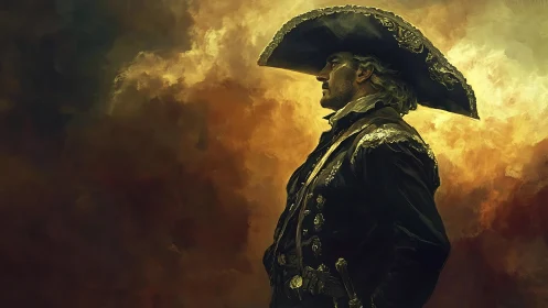 Profile portrait shows costumed man before diffuse sky backdrop