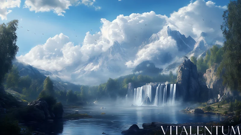 Sky-brushed peaks and whispering waterfall in dreamlight.