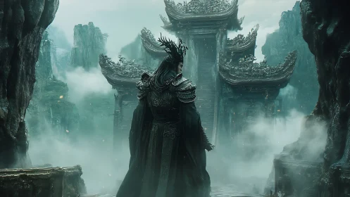 Armored figure stands before ornate mountain temple gate