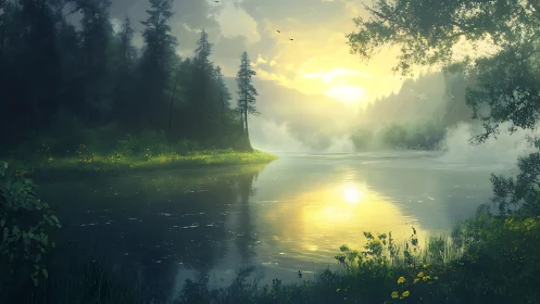 Riverlight quietly braids mist, forest shadow, and sunrise