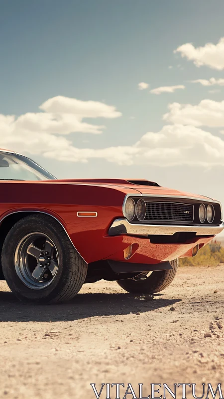 Vintage red muscle car front end under bright desert sun.