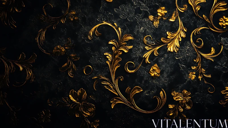 Golden floral scrolls glowing over deep textured black.