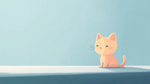 Orange cat sitting alone on white surface with blue background