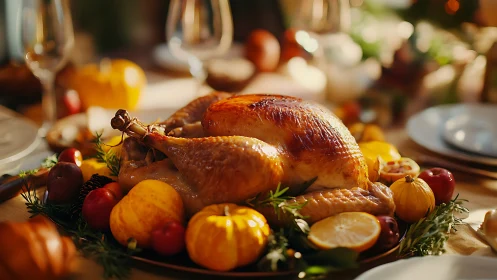 Golden roasted turkey centerpiece with autumn harvest accents.