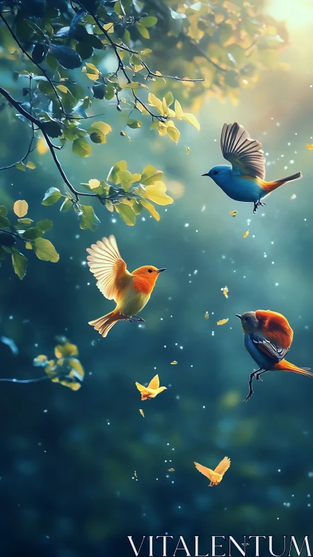 Gentle songbirds dancing in soft forest morning light.