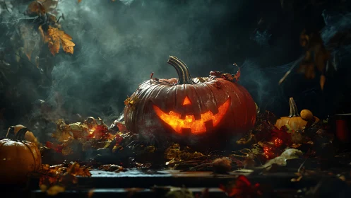 Illuminated carved pumpkin amid autumn leaves at night.