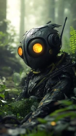 Decayed forest robot with glowing eyes in misty greenery.