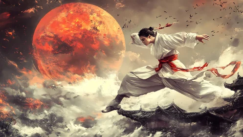 Martial artist executes aerial leap against eruptive crimson moon