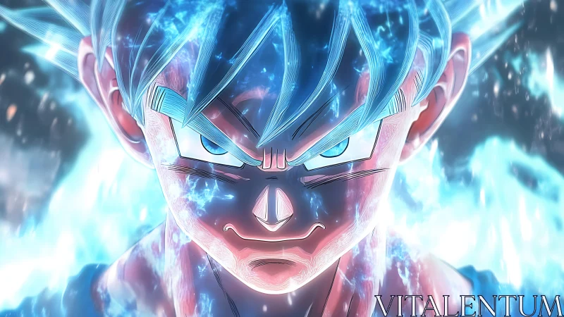 Intense anime energy portrait with luminous blue aura focus.
