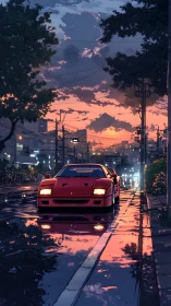 Red supercar glides through neon dusk on wet city street.