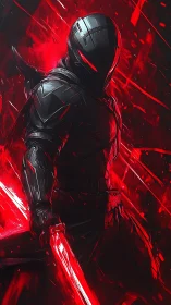 Cybernetic swordsman in black armor under red energy storm