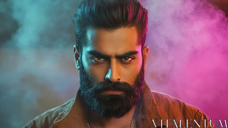 Intense bearded man stares through neon mist with fierce calm