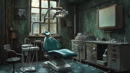 Decayed vintage dental surgery rendered in moody teal tones.