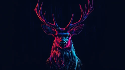 Neon color gradient illustration of stag head on dark field.