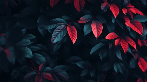 Red-tinted foliage contrasts with desaturated background leaves