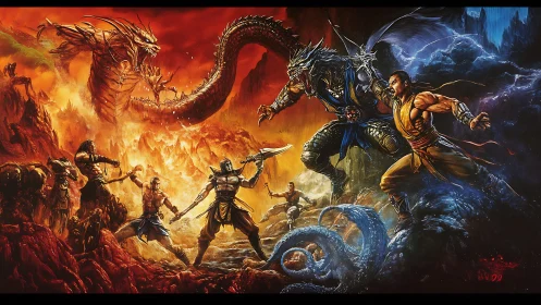 Elemental warriors clash amid dragon fire and storm surge.