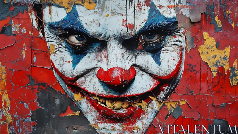 Cracked clown graffiti portrait with distressed red paint texture