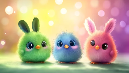 Trio of stylized fluffy birds with rabbit ears on gradient bokeh.