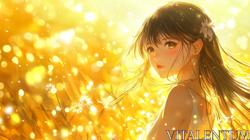 Backlit anime girl in golden bokeh field with dynamic rim lighting