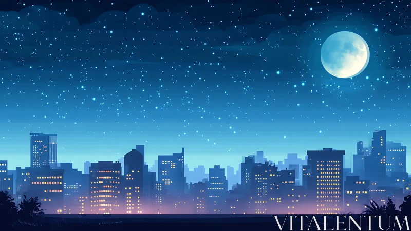 Moonlit city skyline shimmers beneath a bright starry sky.
