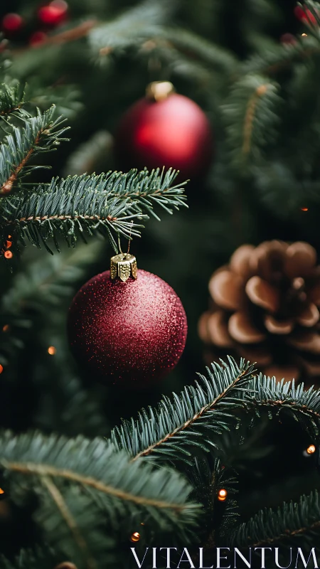 Red ornament hangs among evergreen needles with soft lights