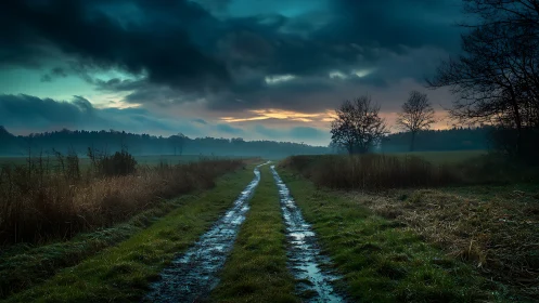 Muddy countryside track under dramatic storm cloud shelf at dusk