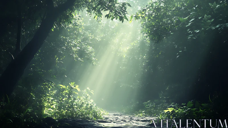 Sunlight Piercing Through Dense Forest Canopy.