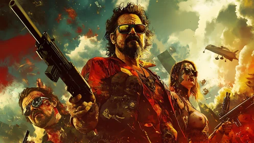 Armed trio in explosive battlefield chaos confront viewer directly