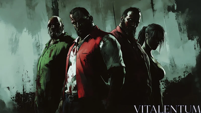 Grim survivors stand united in a bloodstained corridor.