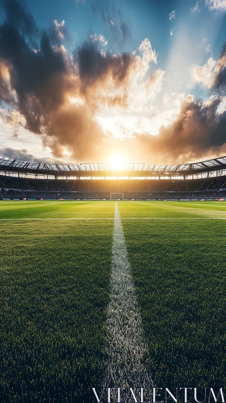 Sunset-lit professional soccer stadium with centered halfway line