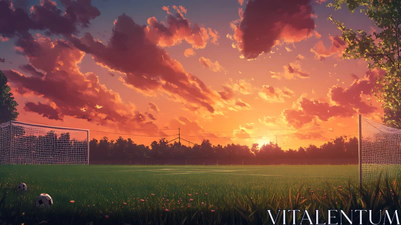 Soccer field is shown under low-angle sunset illumination