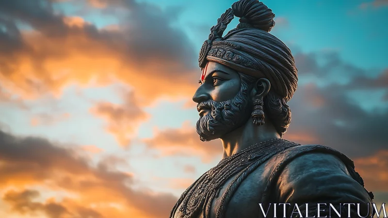 Noble warrior statue gazes calmly into a glowing sunset sky