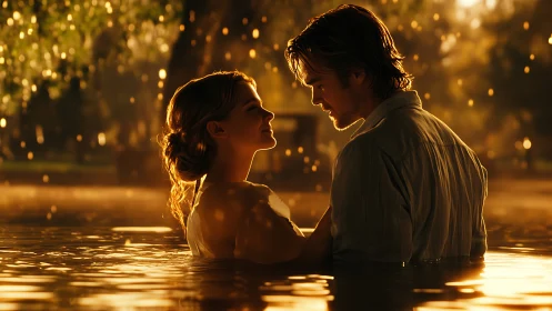 Couple in Golden Water: Romantic Evening with Luminous Particles