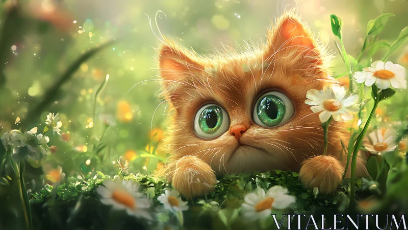 Whimsical Orange Cat Among Glowing Flowers and Bokeh.