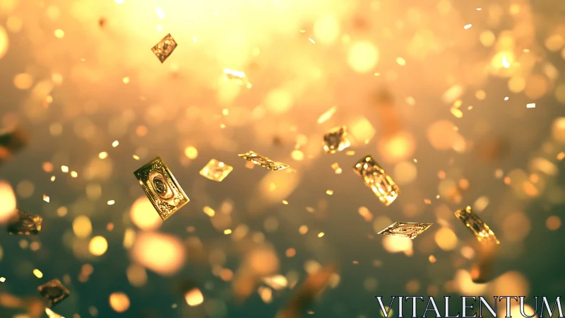 Golden rectangular tokens suspended in warm light field.