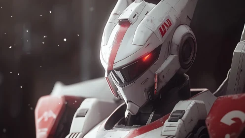 White combat mecha helmet with glowing red visor detail.