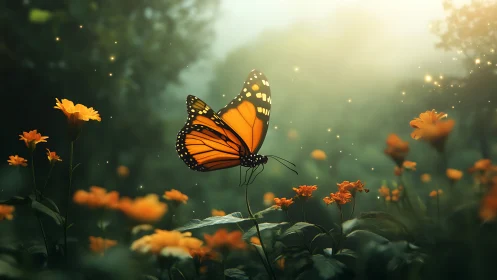 Monarch butterfly in backlit meadow with orange wildflowers