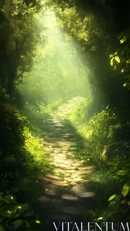 Forest Path with Sunlit Canopy and Stone Trail.