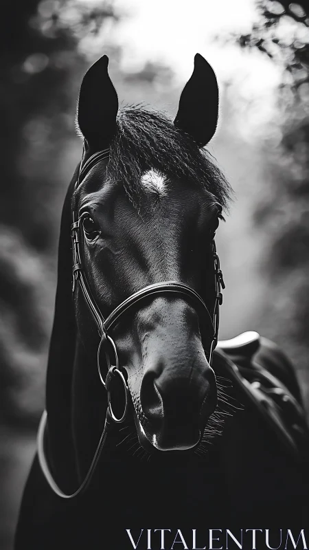Gentle black horse meets the camera with quiet forest calm