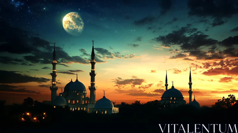 Crescent moon over domed mosque skyline at cinematic sunset.
