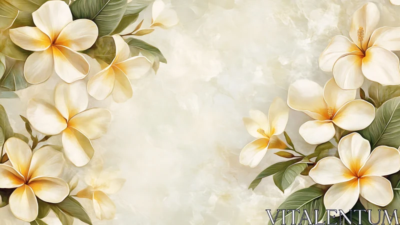 Cream plumeria flowers with golden centers on soft neutral background
