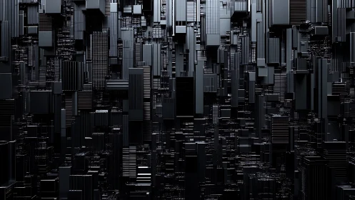Midnight city of futuristic black cubes and quiet data glow.