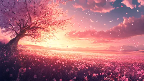 Blossom meadow sunset under glowing pink sky panorama.