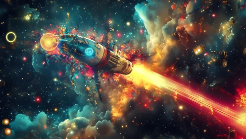 Rocket ride through neon stardust and glowing cosmic clouds.