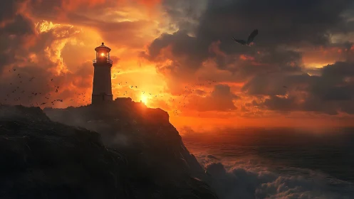 Lighthouse stands on coastal cliff against dense sunset sky