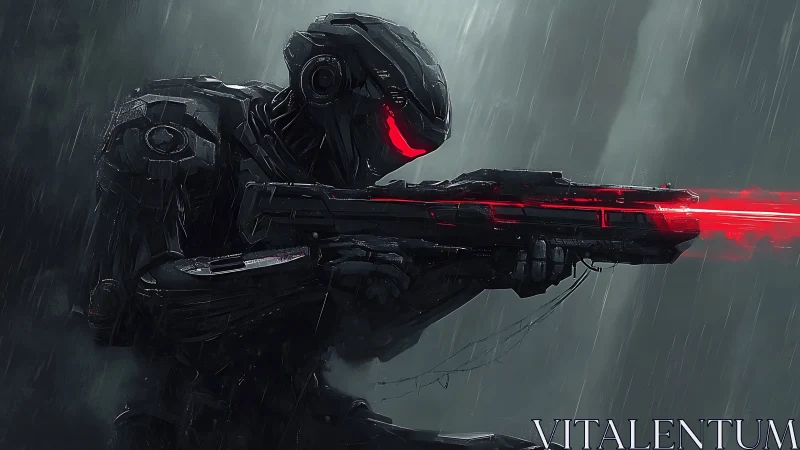 Stormlit cybernetic sniper with glowing crimson focus.