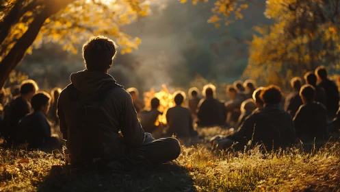 Sunlit forest gathering circles around glowing campfire.