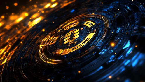 Glowing cyber coin spins within blue digital circuit halo.